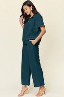 
              Double Take Full Size Texture Half Zip Short Sleeve Top and Pants Set-Dropship
            