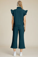 
              Double Take Full Size Texture Ruffle Short Sleeve Top and Wide Leg Pants Set
            