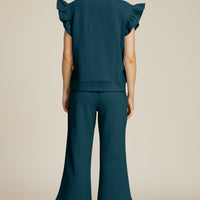 Double Take Full Size Texture Ruffle Short Sleeve Top and Wide Leg Pants Set