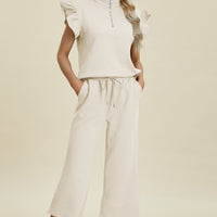 Double Take Full Size Texture Ruffle Short Sleeve Top and Wide Leg Pants Set