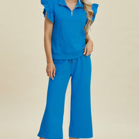 Double Take Full Size Texture Ruffle Short Sleeve Top and Wide Leg Pants Set