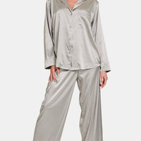 Zenana Satin Long Sleeve Shirt and Pants Pajama Set