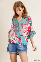 
              Floral Animal Print Ruffle Top
            