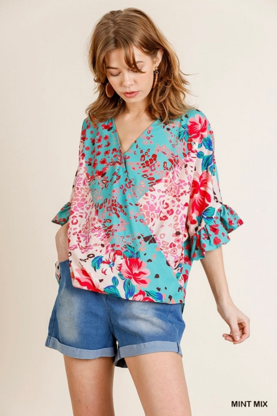 Floral Animal Print Ruffle Top