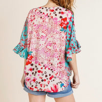 Floral Animal Print Ruffle Top