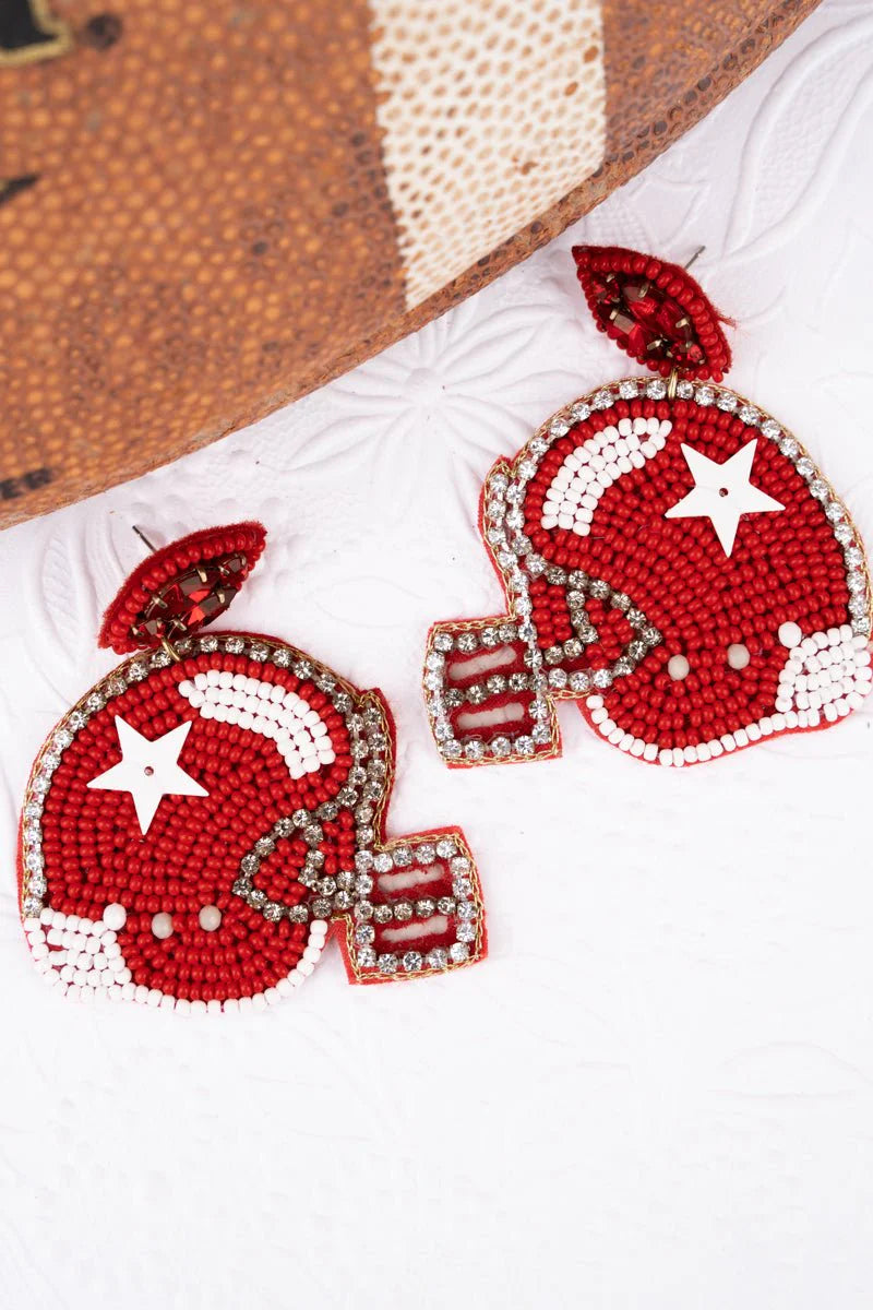 Game Day Helmet Earrings-Red and White