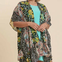 Floral Animal Metallic Kimono with Ruffle Hem