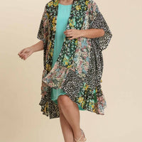 Floral Animal Metallic Kimono with Ruffle Hem