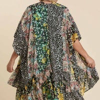 Floral Animal Metallic Kimono with Ruffle Hem