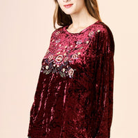 Burgundy Crushed Velvet Top with Embroidery