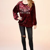 Burgundy Crushed Velvet Top with Embroidery