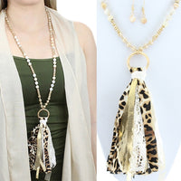 Crystal Beaded Tassel Necklace in Leopard and Gold with Earrings