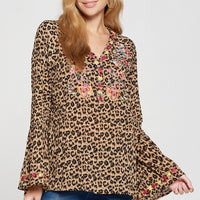 Embroidered Leopard Print Top with Bell Sleeve, plus