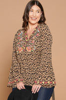 
              Embroidered Leopard Print Top with Bell Sleeve, plus
            
