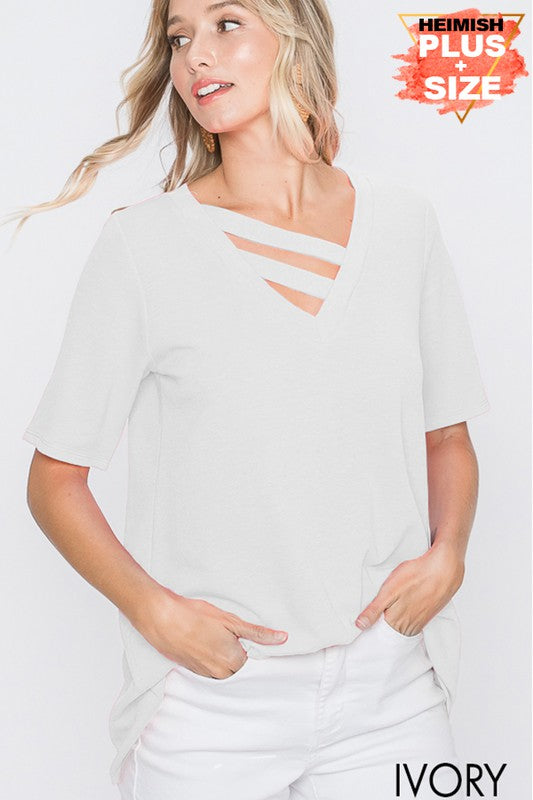 Plus V-Neck Top with Bar Detail, Ivory