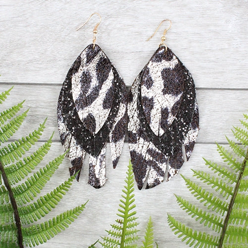 Black and Leopard Feather Glitter Earrings