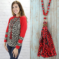 Red Leopard Crystal Bead Tassel Necklace