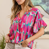 Multi Paint Print Top with Ruffled Sleeves