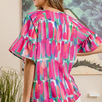 Multi Paint Print Top with Ruffled Sleeves