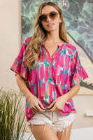 
              Multi Paint Print Top with Ruffled Sleeves
            
