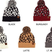 CC Leopard Jacquard Knit Pom Beanie, multiple colors