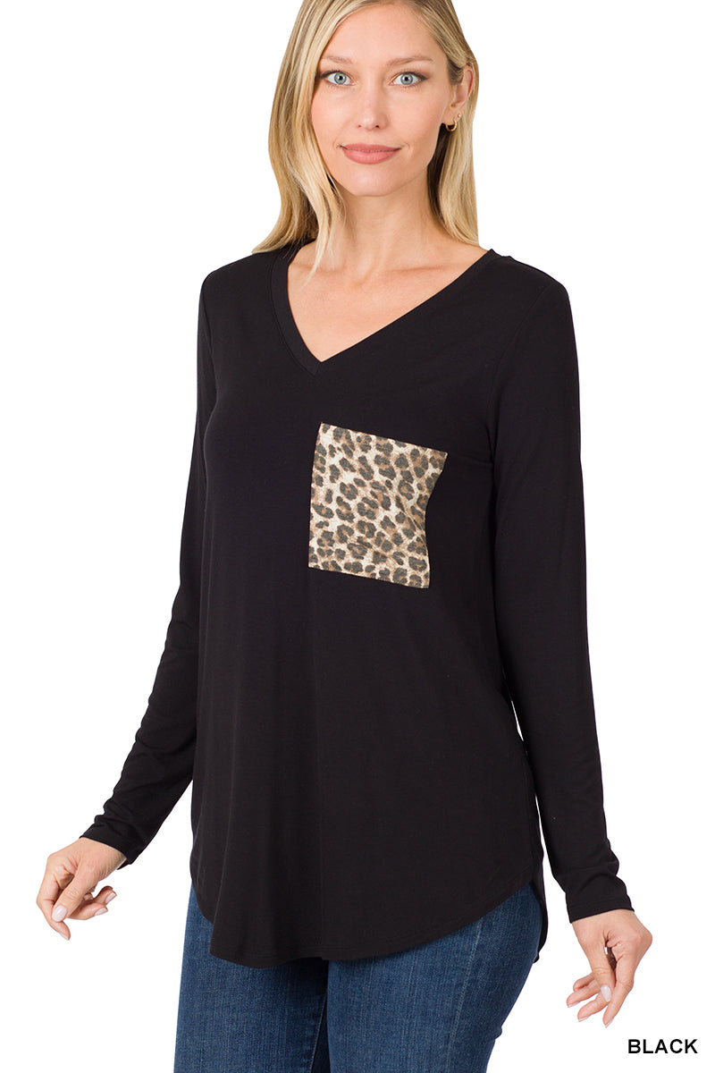 Black Luxe Rayon V-Neck Leopard Pocket Top, reg size