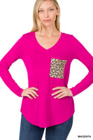 
              S only (NO RETURNS) Luxe Rayon V-Neck Leopard Pocket Top, Magenta
            