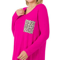 S only (NO RETURNS) Luxe Rayon V-Neck Leopard Pocket Top, Magenta