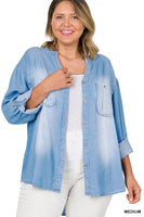 
              Chambray Roll-Up Sleeve Hi-Low Shirt, medium wash
            
