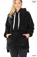 
              Hooded Faux Fur Pullover with Kangaroo Pocket, Black
            