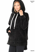 
              Hooded Faux Fur Pullover with Kangaroo Pocket, Black
            