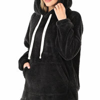 Hooded Faux Fur Pullover with Kangaroo Pocket, Black