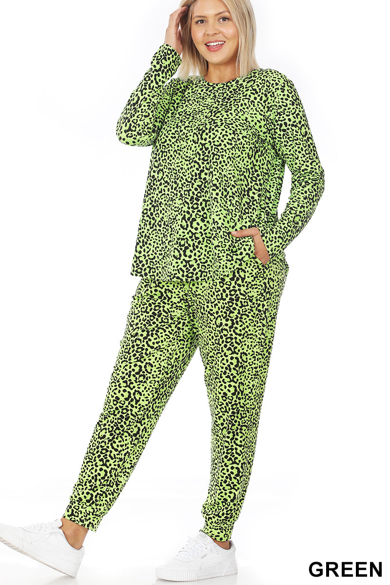 Microfiber Leopard Print Jogger Set, Green, reg and plus
