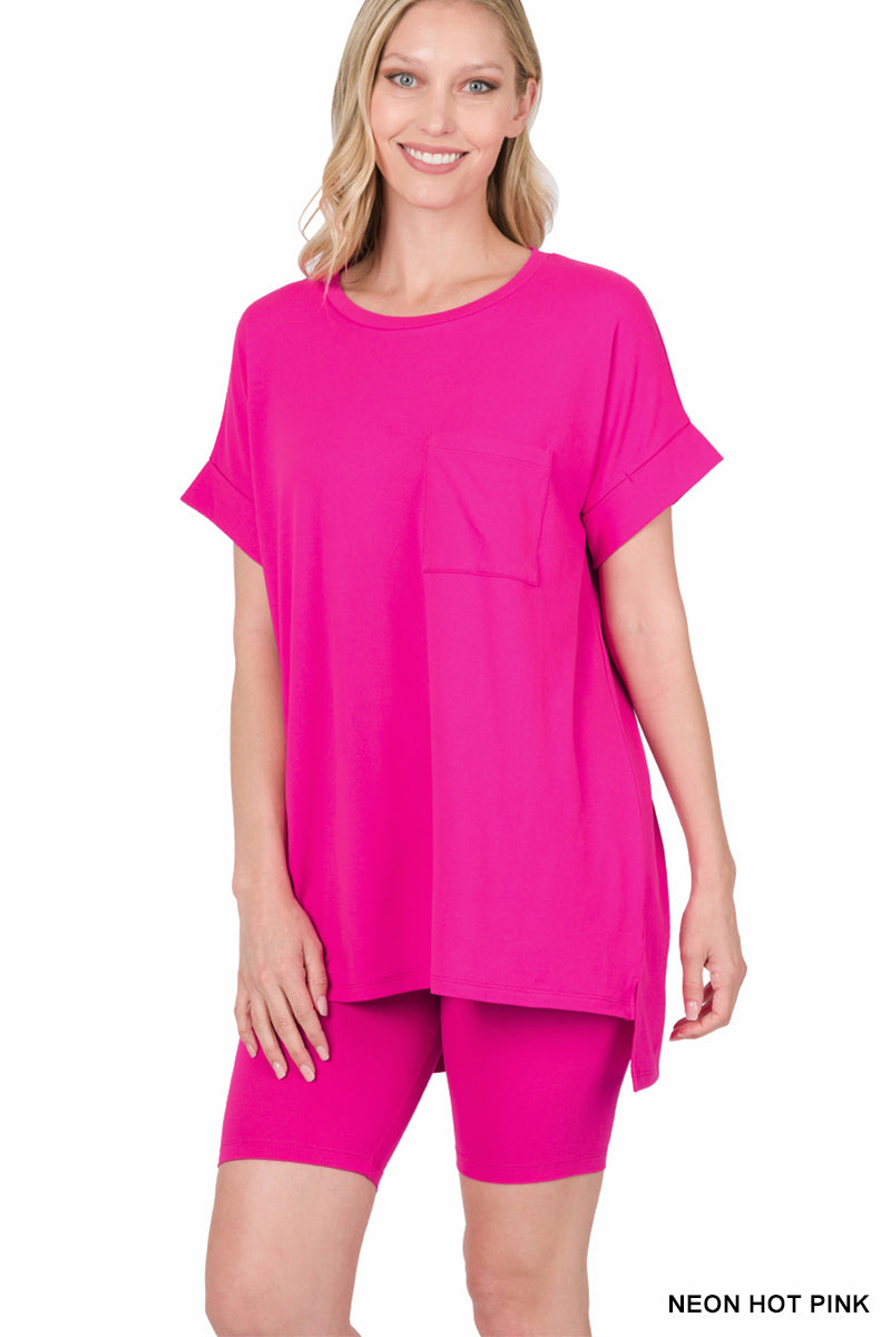 Neon Hot Pink Rolled Sleeve Top and Short Set