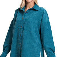 Corduroy Button Front Shacket, Teal