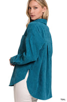 
              Corduroy Button Front Shacket, Teal
            