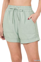 
              Light Green Linen Drawstring Waist Shorts, all sizes
            