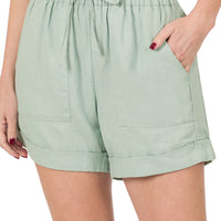 Light Green Linen Drawstring Waist Shorts, all sizes