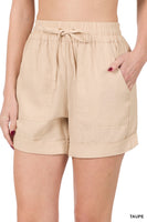 
              Taupe Linen Drawstring Waist Shorts, reg size
            