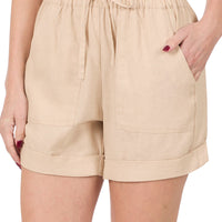 Taupe Linen Drawstring Waist Shorts, reg size