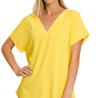 Yellow Woven Airflow V-Neck Top