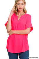 
              Neon Coral Woven Airflow V-neck Top
            