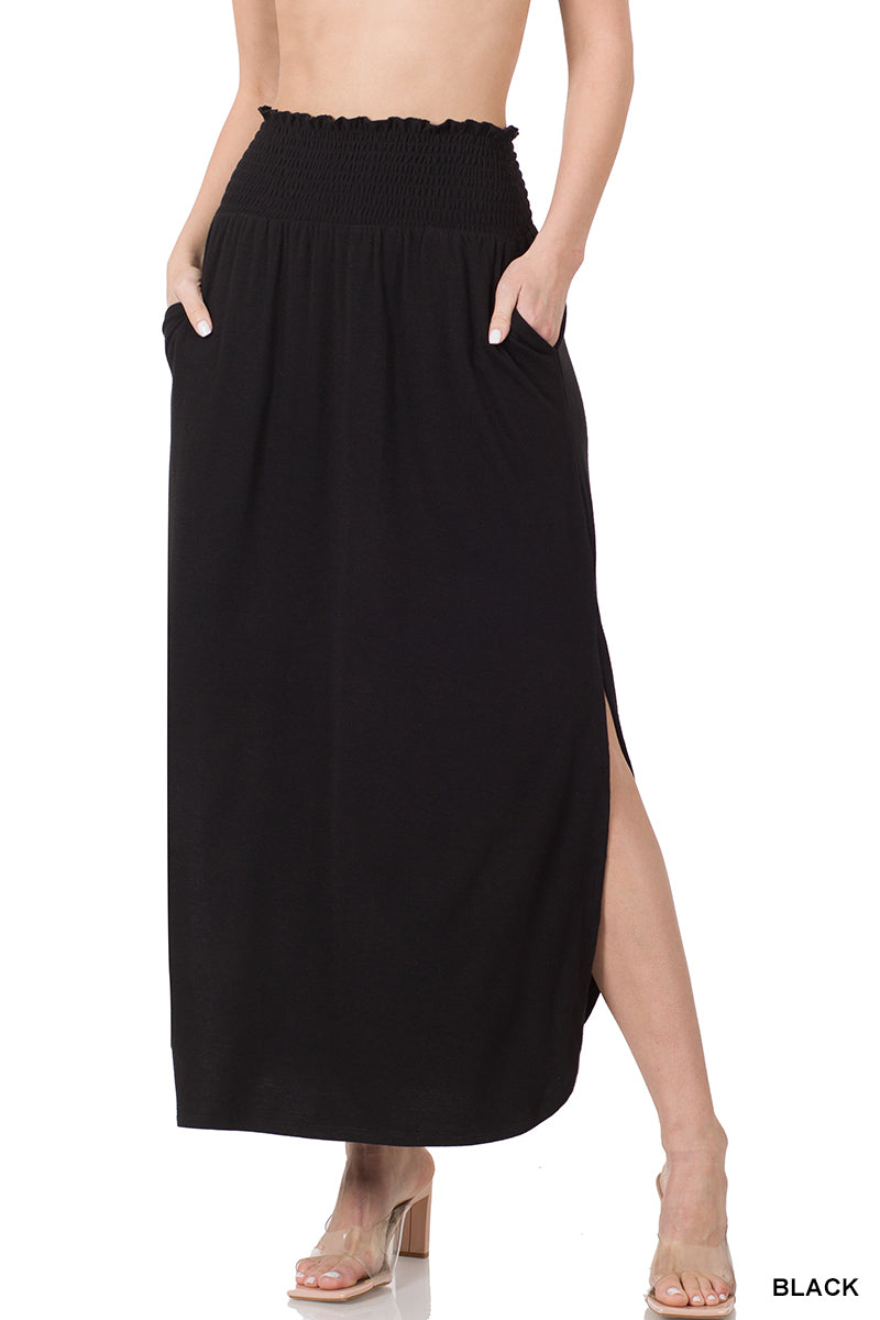 PLUS Smocked Waist Side Slit Maxi Skirt, Black
