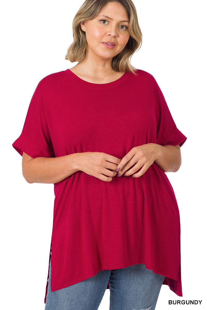 Rolled Sleeve Top, Hi Lo Hem, Burgundy