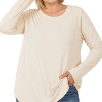Long Sleeve Round Neck Top, Sand, plus size