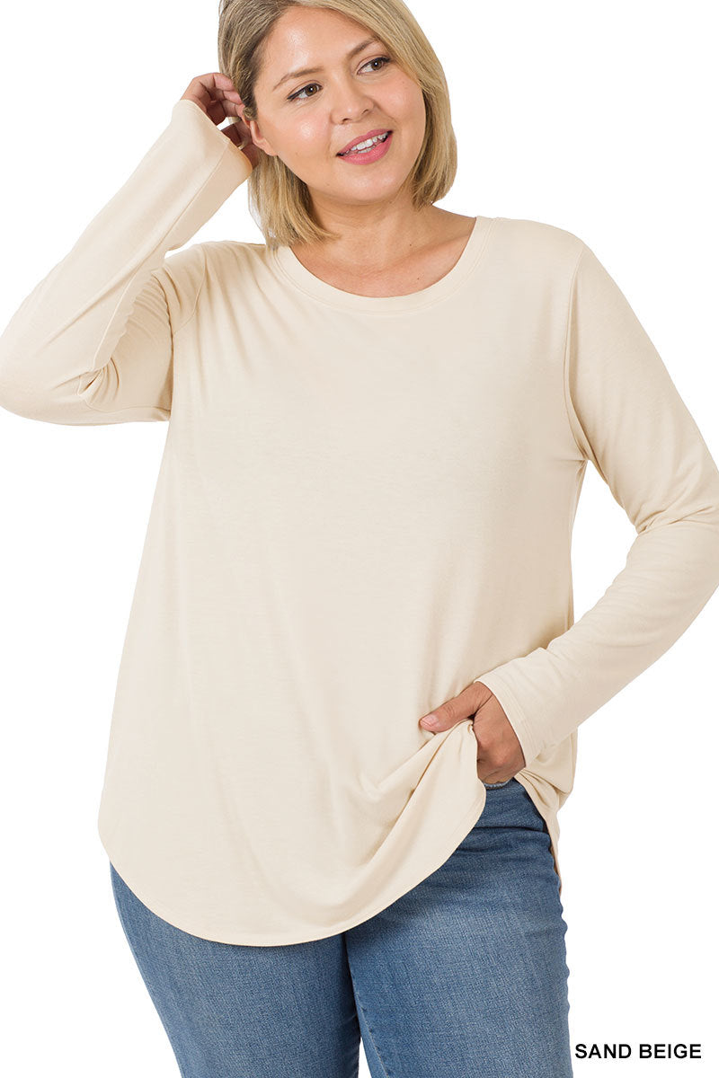 Long Sleeve Round Neck Top, Sand, plus size