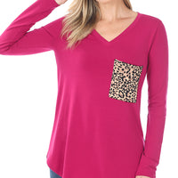 Magenta Long Sleeve V-Neck Top with Leopard Pocket