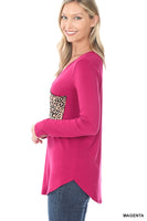 
              Magenta Long Sleeve V-Neck Top with Leopard Pocket
            