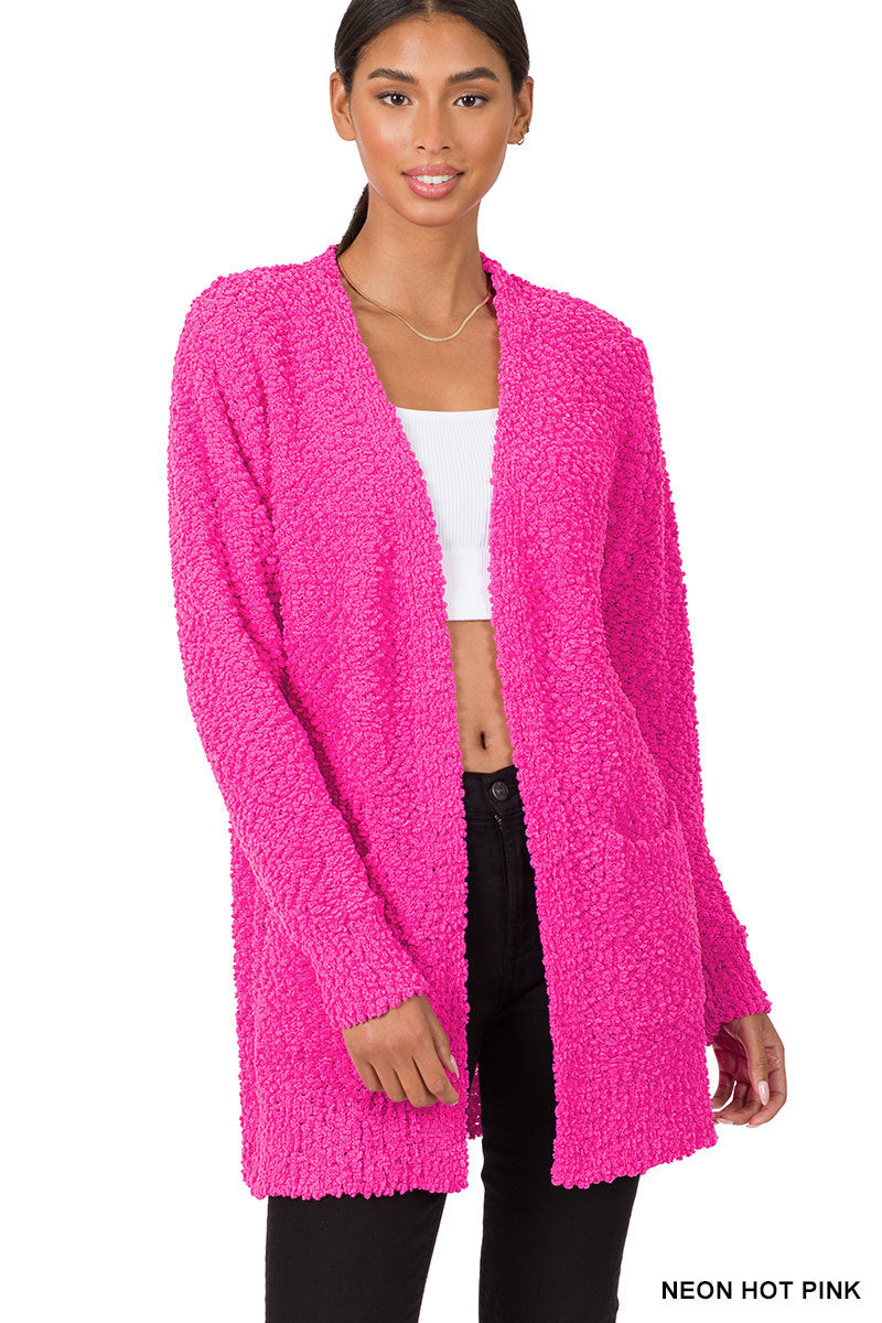 Popcorn Cardigan With Pockets, Neon Hot Pink