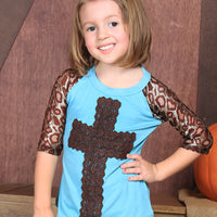 Turquoise Tee with Brown Cross Appliqué and Leopard Sleeves